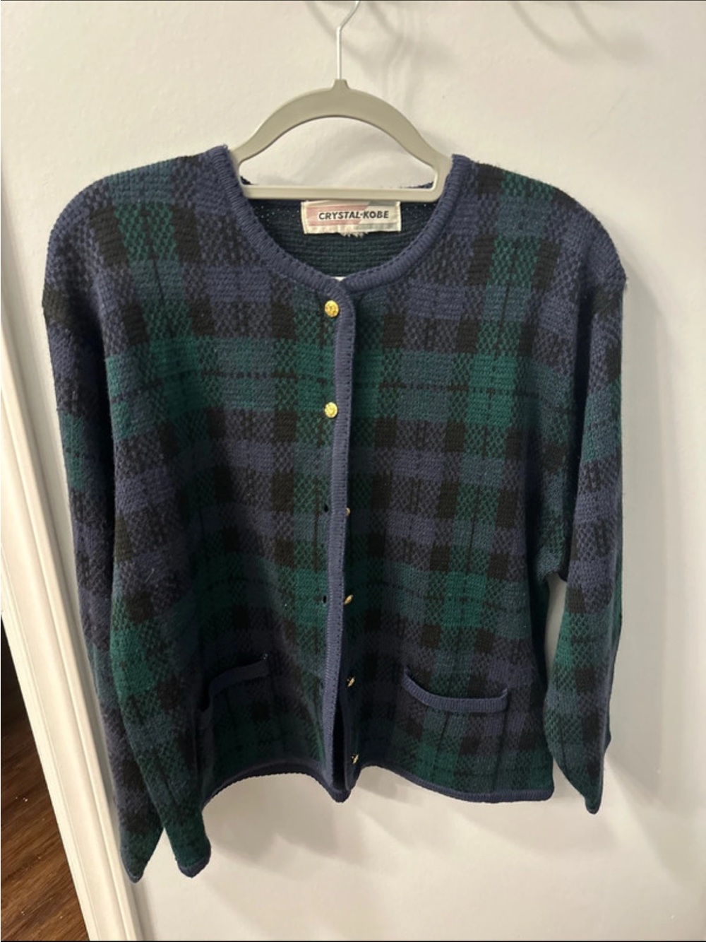 Green & Navy Plaid Cardigan with Gold Buttons